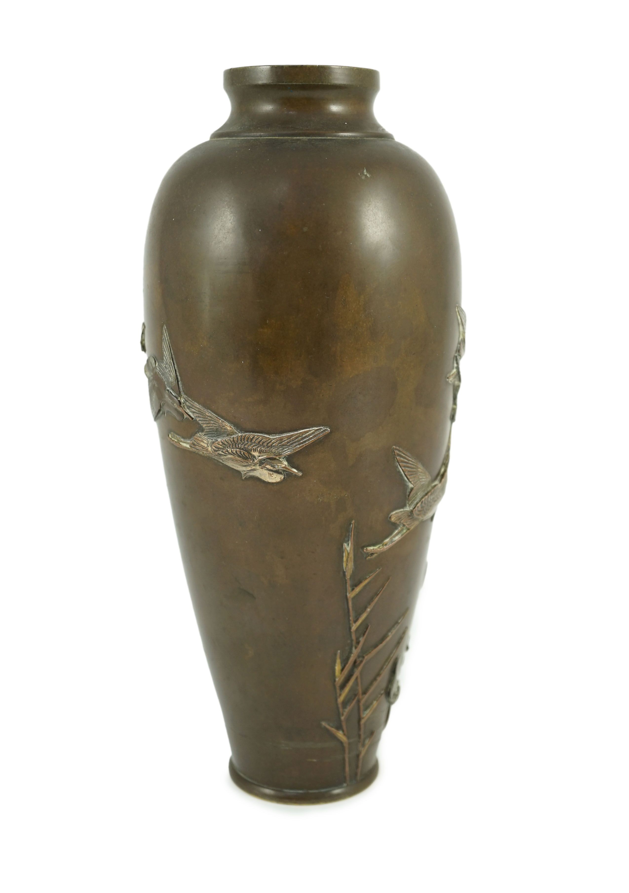 A Japanese bronze and mixed metal vase, by Miyabe Atsuyoshi, Meiji period, 25.7cm high